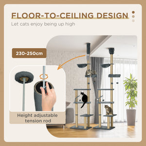 Floor to Ceiling Cat Tree, 90.5" - 98.5" Cat Tower with Scratching Post, Dangling Balls, Platforms, Bed, Hammock, Grey