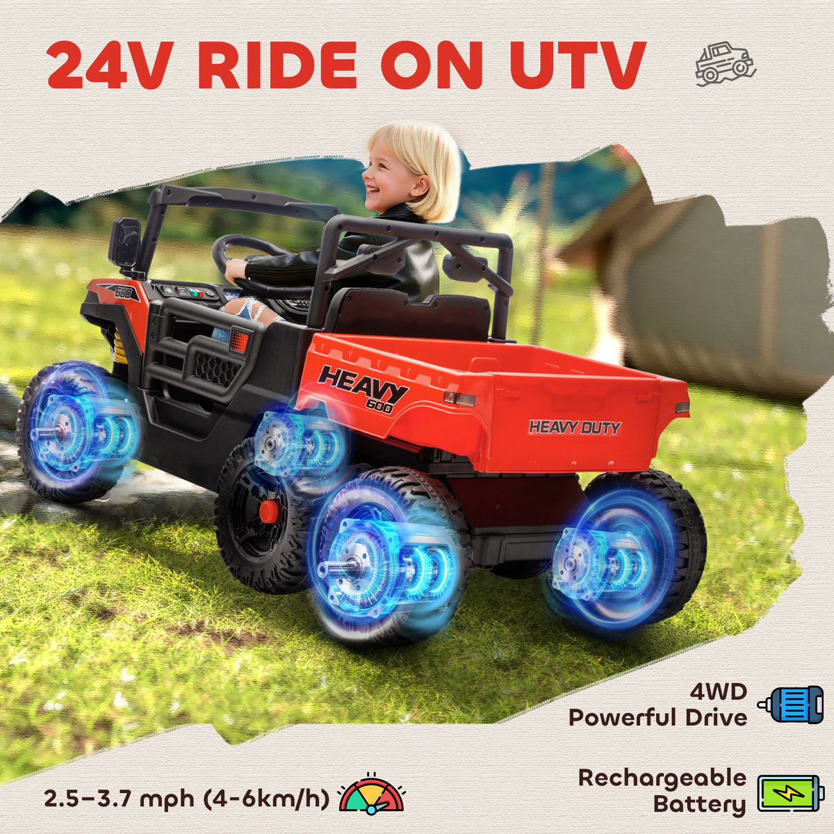 Qaba 24V 4WD Kids Ride On Truck with 6 Wheels Electric Ride On Car with Remote, Dump Bed for 3-8 Years