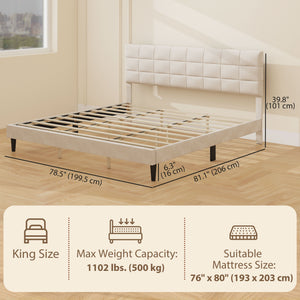Queen Size Bed Frame with Upholstered Headboard, Modern Platform Bed Frame with Wood Slats, 1100 lbs Capacity, Cream