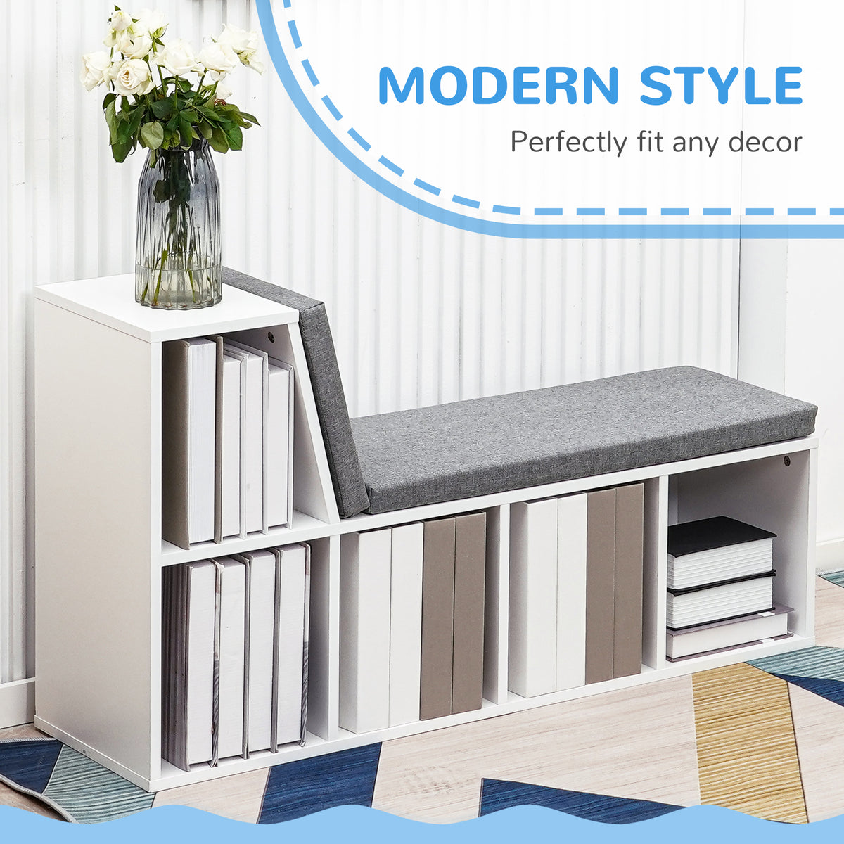 Multi-Purpose Bookshelf with 5 Cubes, 5-Cubby Bookcase with Cushioned Reading Nook and Storage Shelves, Blue – view 10