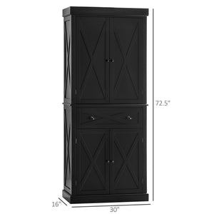 72.5" Kitchen Pantry Cabinet, Freestanding Storage Cabinet with 4 Doors, Drawer and Adjustable Shelves, Black