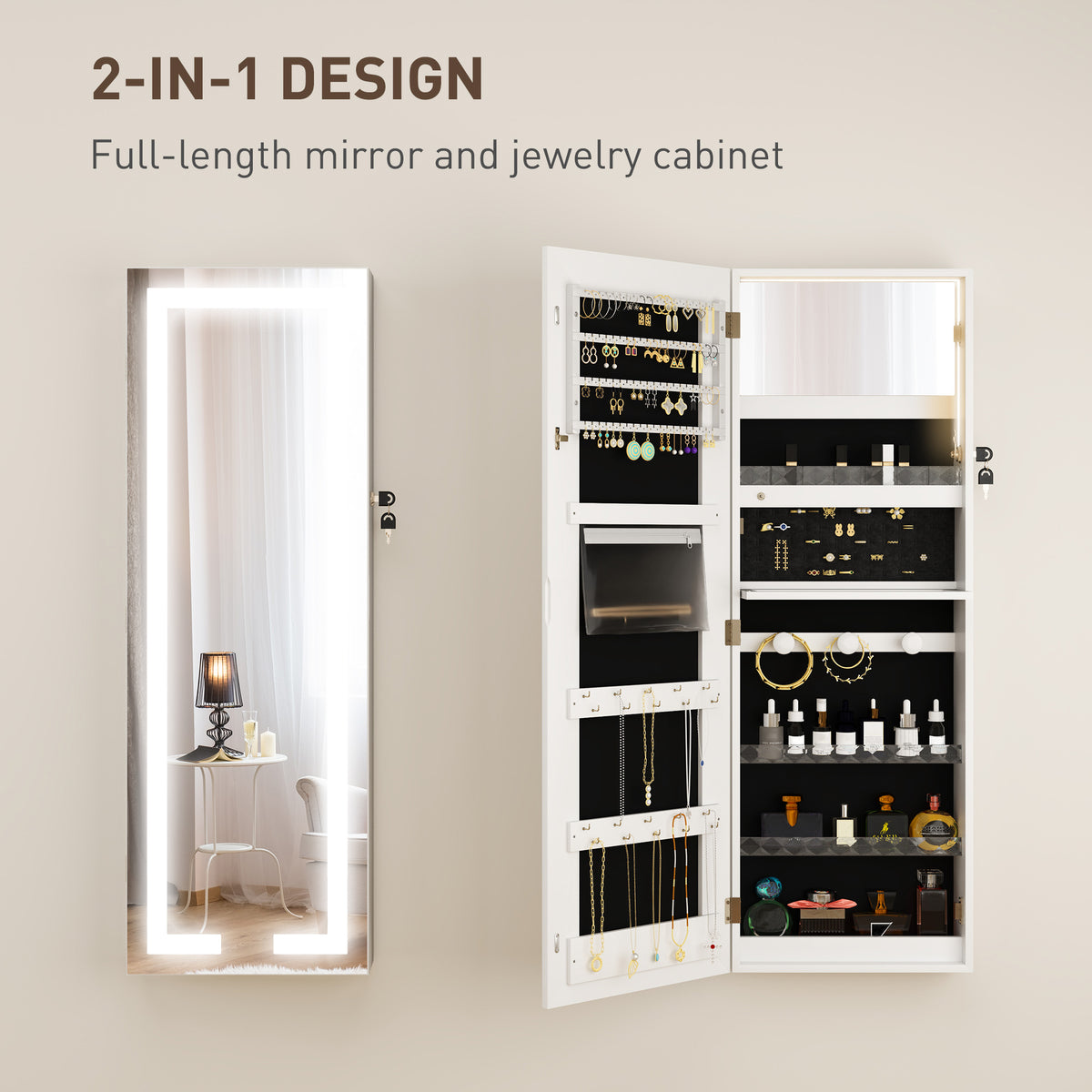 LED Lighted Jewelry Armoire with Mirror Jewelry Cabinet with Storage Lockable Door/Wall Mounted Jewelry Organizer, White
