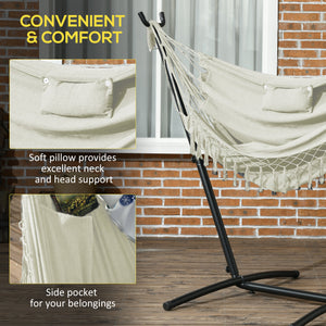 Patio Hammock Chair with Stand, Outdoor Hammock Swing Hanging Lounge Chair with Side Pocket and Headrest, Cream