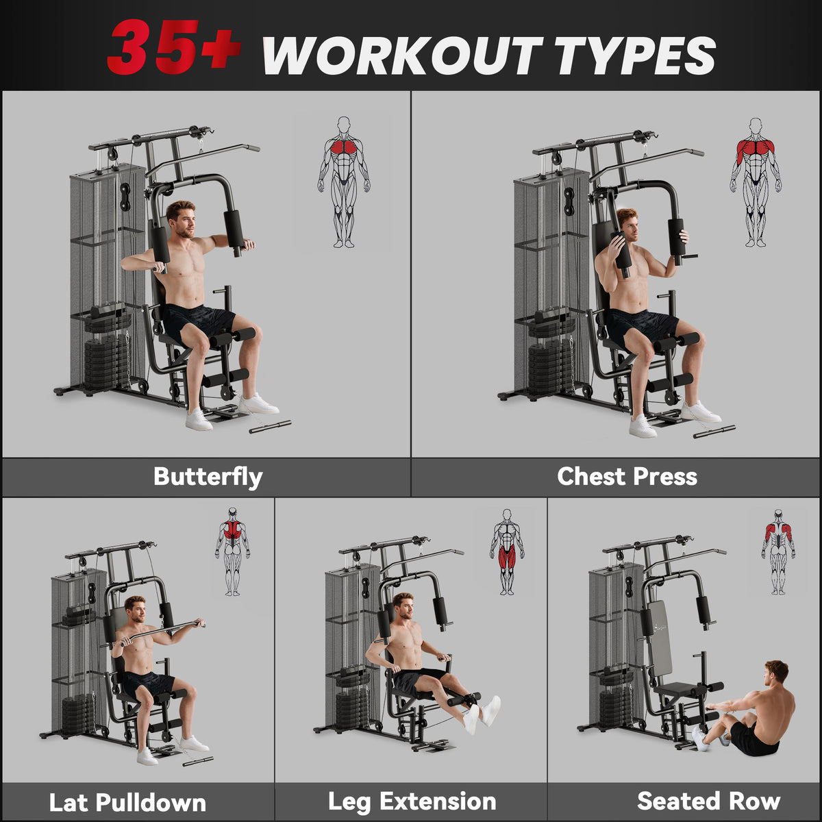 Soozier Home Gym, Multifunction Gym Equipment Workout Station with 100Lbs Weight Stack for Lat Pulldown, Leg Extensions, Preacher Bicep Curls, Triceps Pulldowns, Chest Press, Black