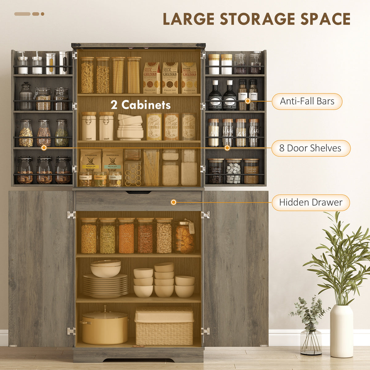 72" Kitchen Pantry Cabinet, Farmhouse Storage Cabinet with 4 Doors, Drawer – view 10
