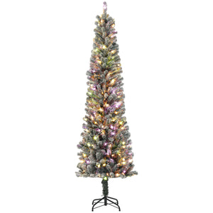 6ft Prelit Pencil Artificial Christmas Tree, Flocked Xmas Tree with Remote, Dual Colour LEDs, 429 Tips, Metal Stand