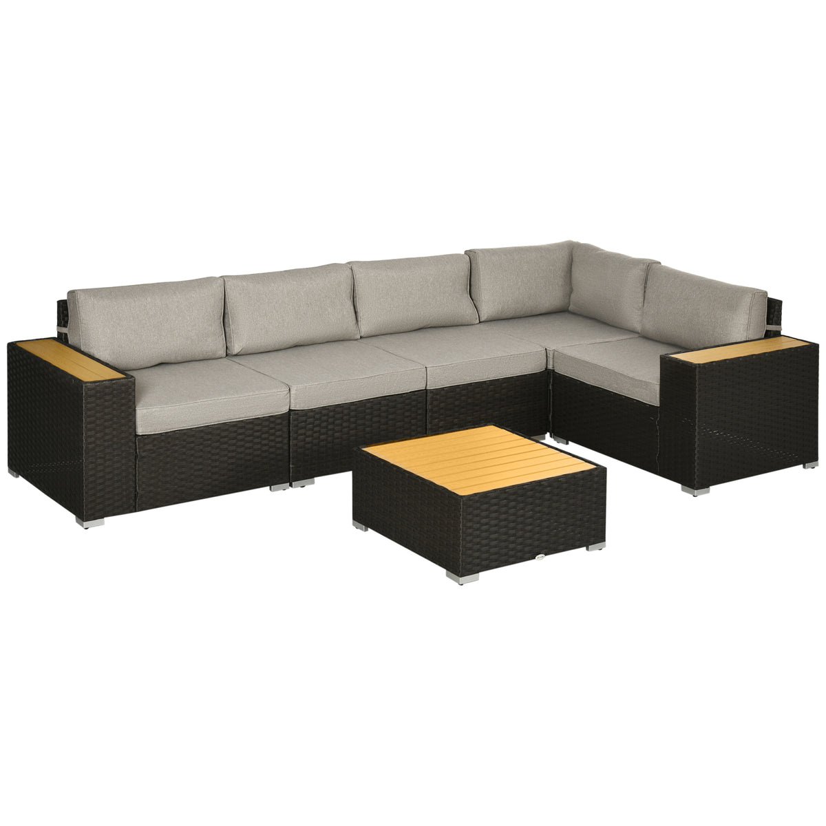 6 Pieces Outdoor Rattan Patio Furniture Set with Corner Sofa, Wood-Plastic Coffee Table, Light Grey