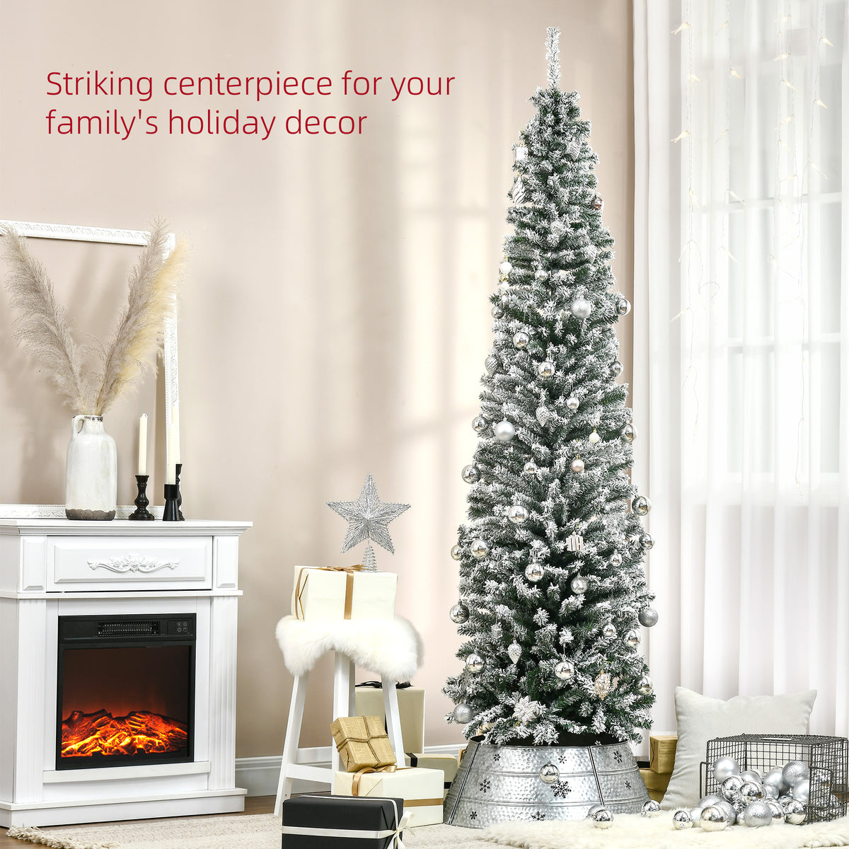 6ft Flocked Christmas Tree, Pencil Christmas Tree with Realistic Branch Tips, Folding Metal Stand, Green – view 31