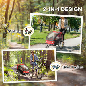 Aosom 2-in-1 Bike Trailer for Kids, Foldable 2-Seat Baby Stroller with 5-Point Harness, Rubber Wheels, Storage Bag