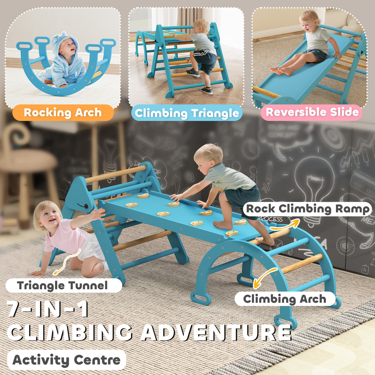 Qaba 7-in-1 Pikler Triangle Set, Foldable Wooden Climbing Toys with Arch, Ramp and Ladder for Toddlers 1-4 Years