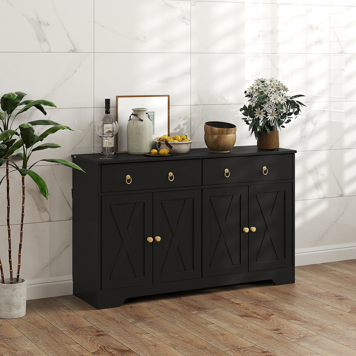 Sideboard Cabinet with 2 Drawers, 4 Barn Doors and 2 Adjustable Shelves, Buffet Table for Living Room, Black – view 7