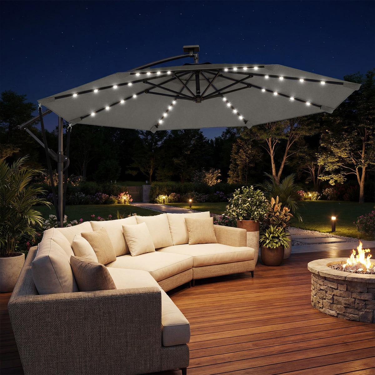 11.3 ft Cantilever Patio Umbrella with Light, Cover, Aluminium UPF50+ Offset Outdoor Umbrella Parasol – view 7
