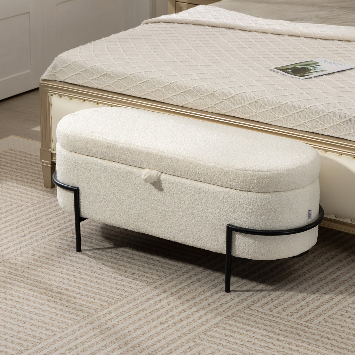 Storage Ottoman with Lift-Up Lid and Steel Legs, 45 Inches Sherpa Fleece Storage Chest for Living Room, Cream White