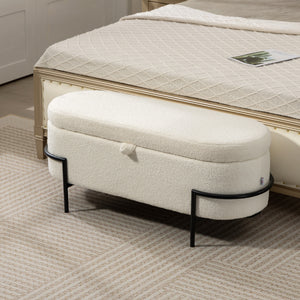Storage Ottoman with Lift-Up Lid and Steel Legs, 45 Inches Sherpa Fleece Storage Chest for Living Room, Cream White