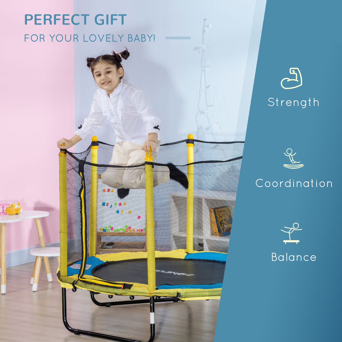 Qaba 4.6FT Trampoline for Kids with Enclosure Net for Ages 3-6, Indoor Outdoor Use
