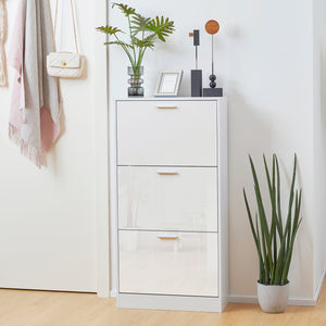 Slim Shoe Storage with 3 Flip Drawers and Adjustable Shelves Shoe Cabinet Organizer for 15 Pair, High Gloss White