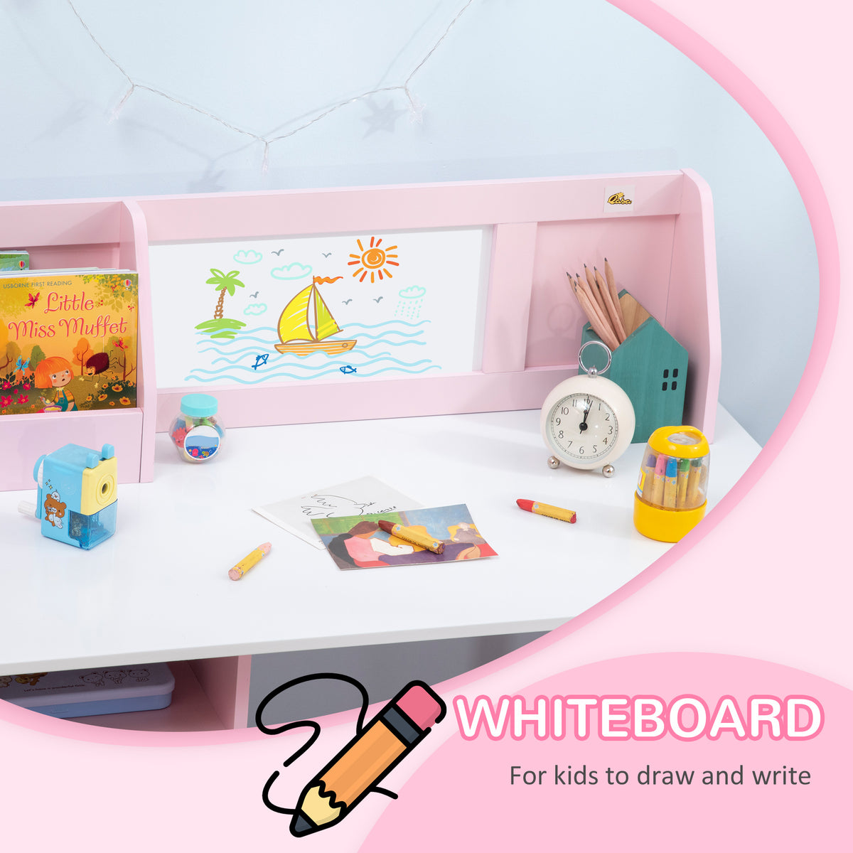 Qaba 2Pcs Kids Desk and Chair Set with Whiteboard, Storage, Shelves