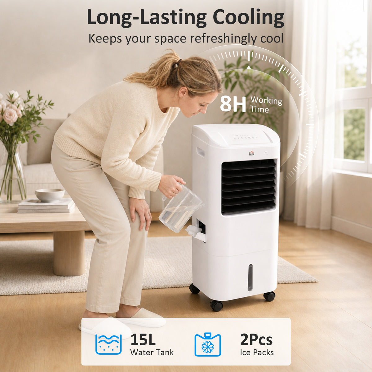Cooling Fan for Bedroom with Ice Pack, Tower Fan with Remote Control, 3 Modes, 3 Speeds, 7.5H Timer, White