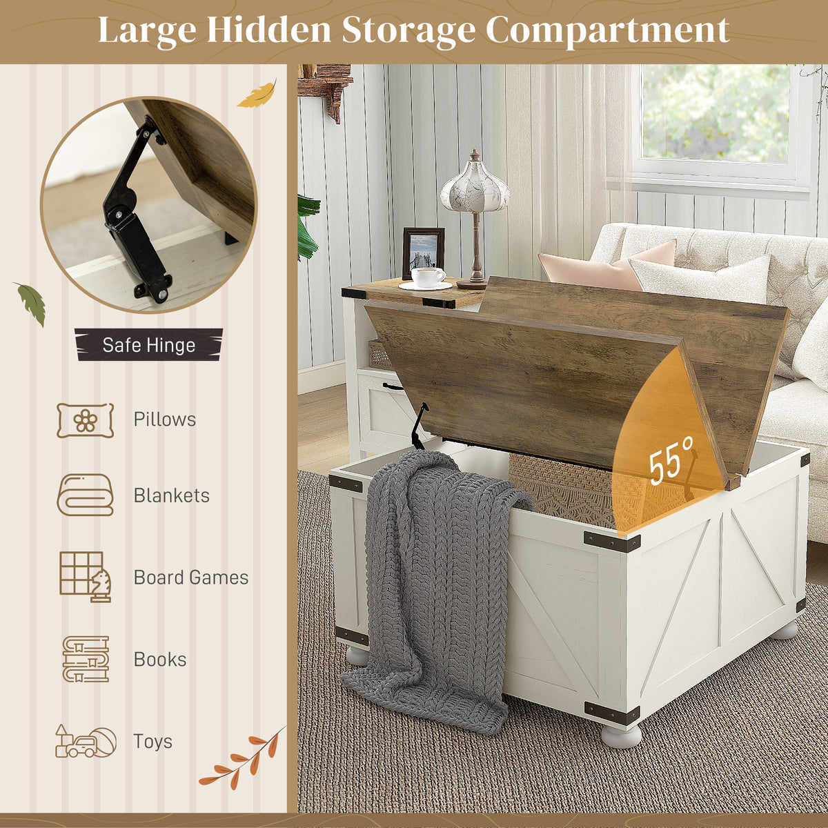 Farmhouse Coffee Table, Square Center Table with Flip-top Lids, Hidden Storage Compartment and Wooden Legs – view 17