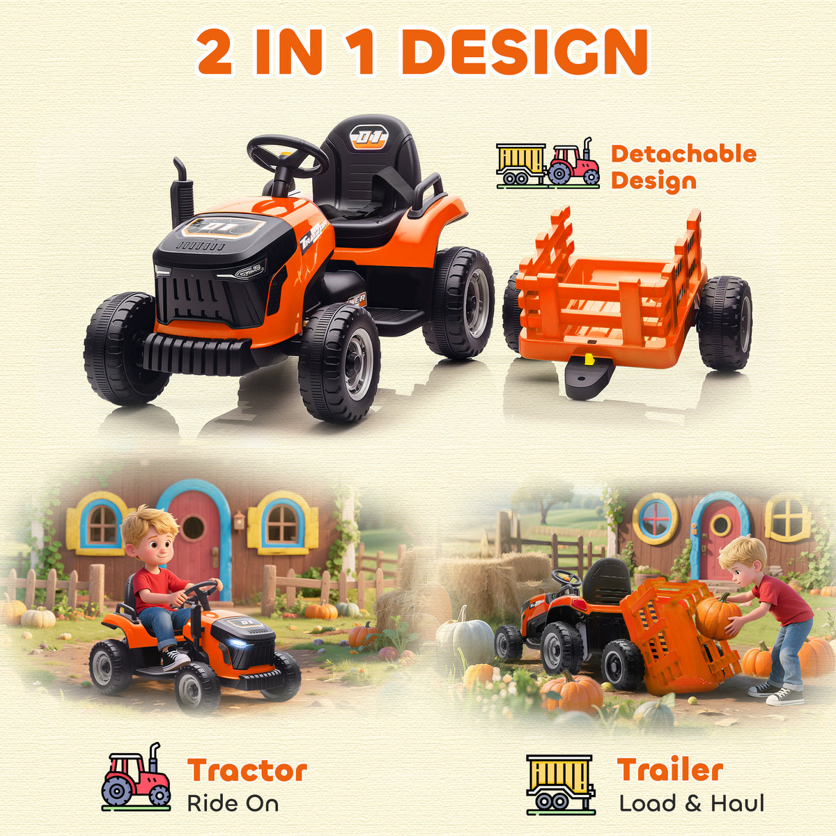 Qaba 12V Kids Ride On Tractor with Trailor, Remote Control, Music, Lights, Shifter, for Kids Ages 3-8 Years