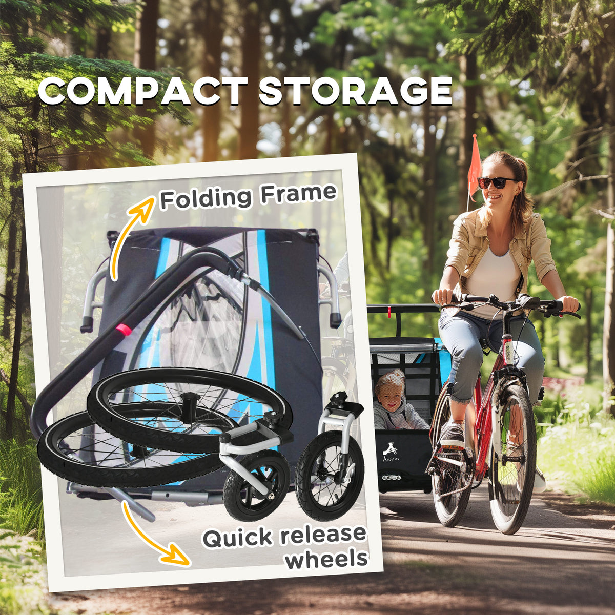 Aosom 3-in-1 Bike Trailer for Kids, Running Stroller with 2 Seats, Jogging Cart with 5-Point Harness, Storage Units