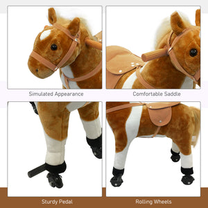 Qaba Kids Rocking Horse, Large Walking  Ride on Toy  for Toddlers 3 year old, Baby Plush Animal Rocker with Sound and Wheel, Brown