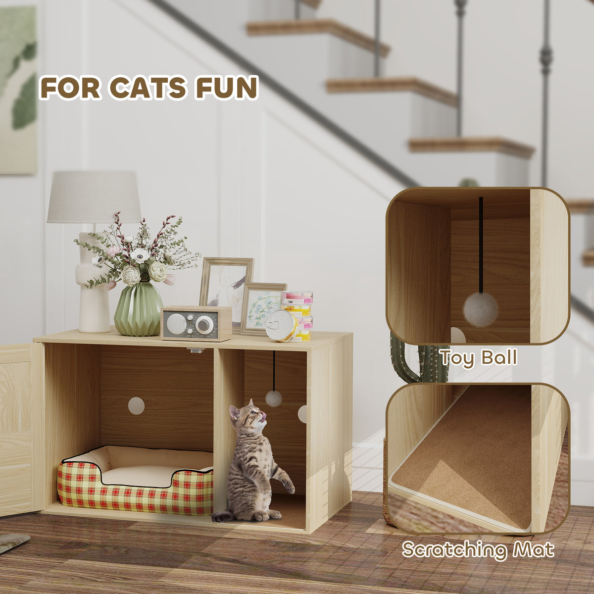 Cat Litter Box Enclosure, Cat Washroom End Side Table with Rattan Door, Scratching Pad, Non-slip Foot Pads – view 6