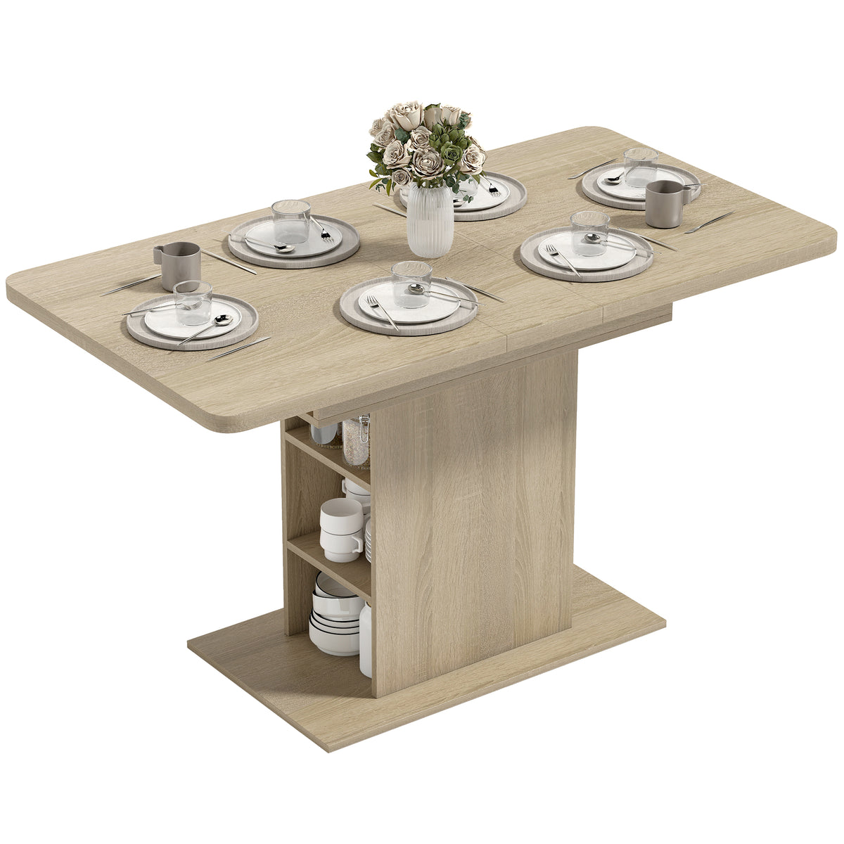Extendable Dining Table for 4-6 People, 43.3"-51.2" Kitchen Table with 6 Open Shelves, Natural Wood