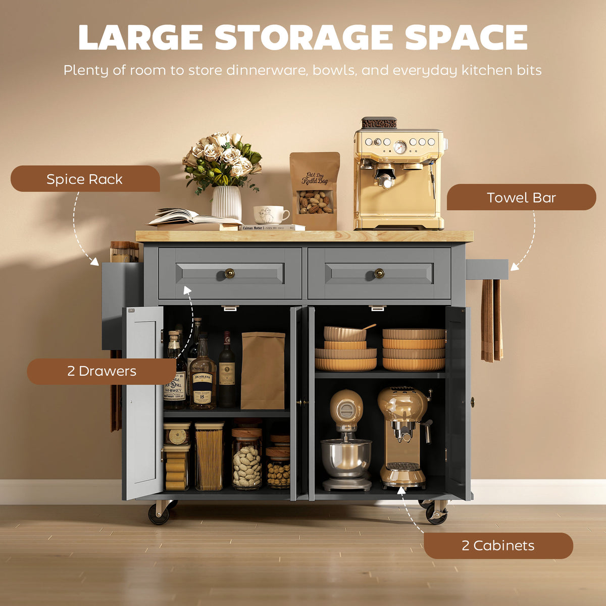 Kitchen Island with Storage, Rolling Trolley Cart with Rubber Wood Top, Spice Rack, Towel Rack, Brown Oak – view 19