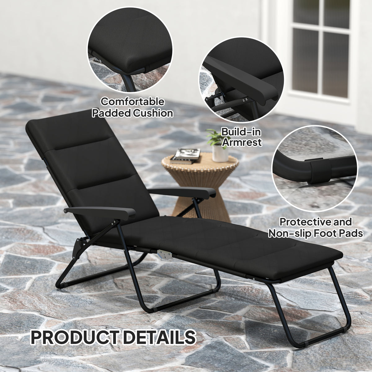 Foldable Lounge Chair, Reclining Patio Sun Lounger with 6-Position Adjustable Back, Blue and White