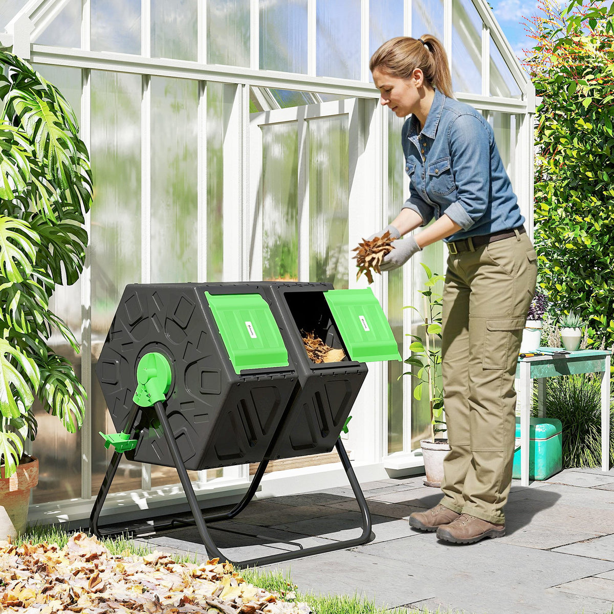 Rotating Composter, Dual Chamber Compost Bin with 24 Vents and Steel Legs, 34.5 Gallon, Brown