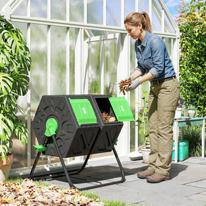 Rotating Composter, Dual Chamber Compost Bin with 24 Vents and Steel Legs, 34.5 Gallon, Brown