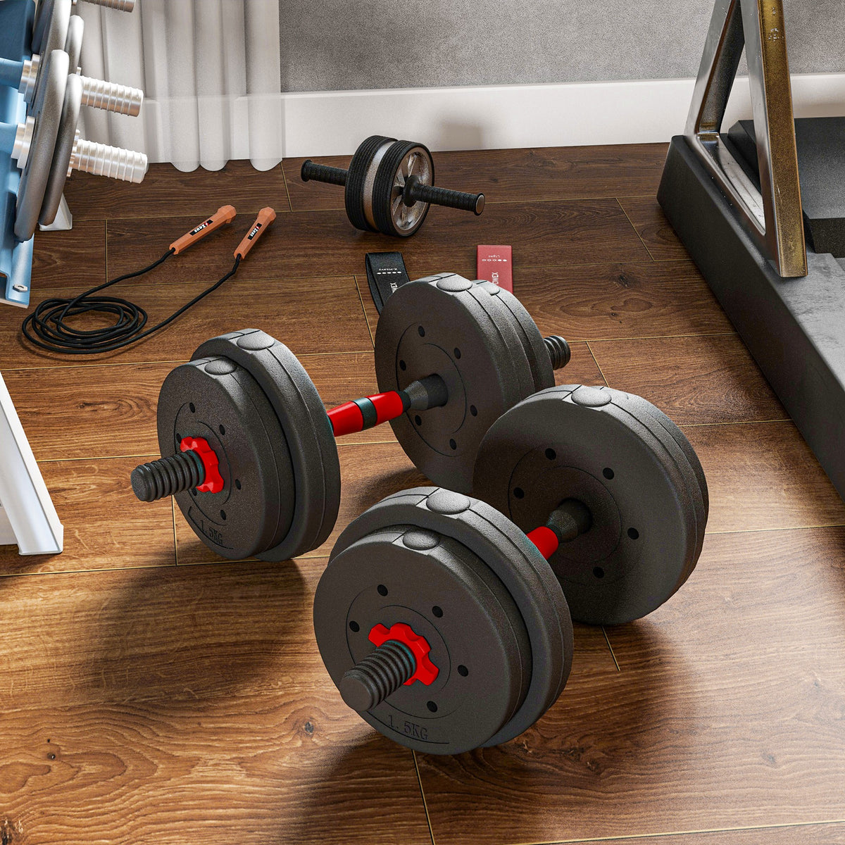 Soozier 44lbs 2-in-1 Adjustable Dumbbells Weight Set, Dumbbell Hand Weights Barbell for Body Fitness, Lifting Training for Home, Office, Gym, Black and Red