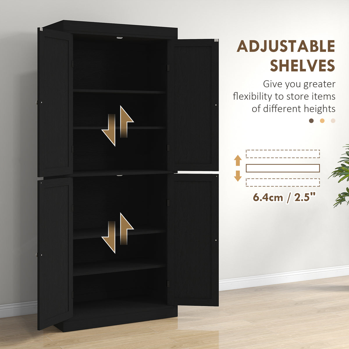 72.5" Freestanding Kitchen Pantry Cabinet with 4 Doors, Black