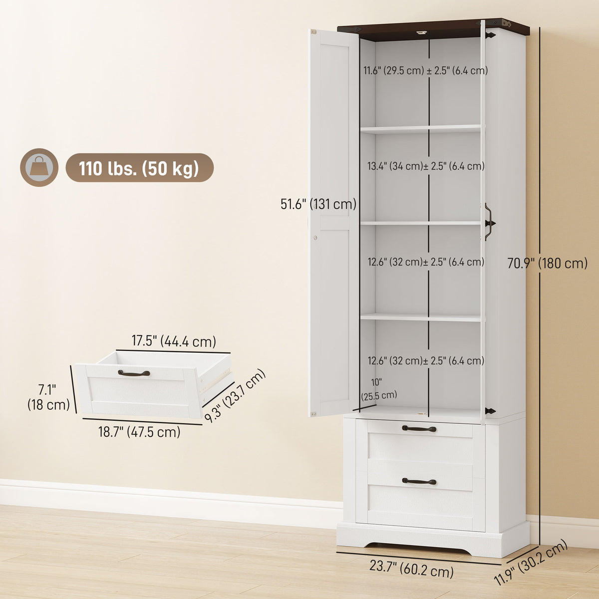 71" Tall Kitchen Pantry Cabinet, Farmhouse Kitchen Storage Cabinet with 2 Drawer and Adjustable Shelves – view 9