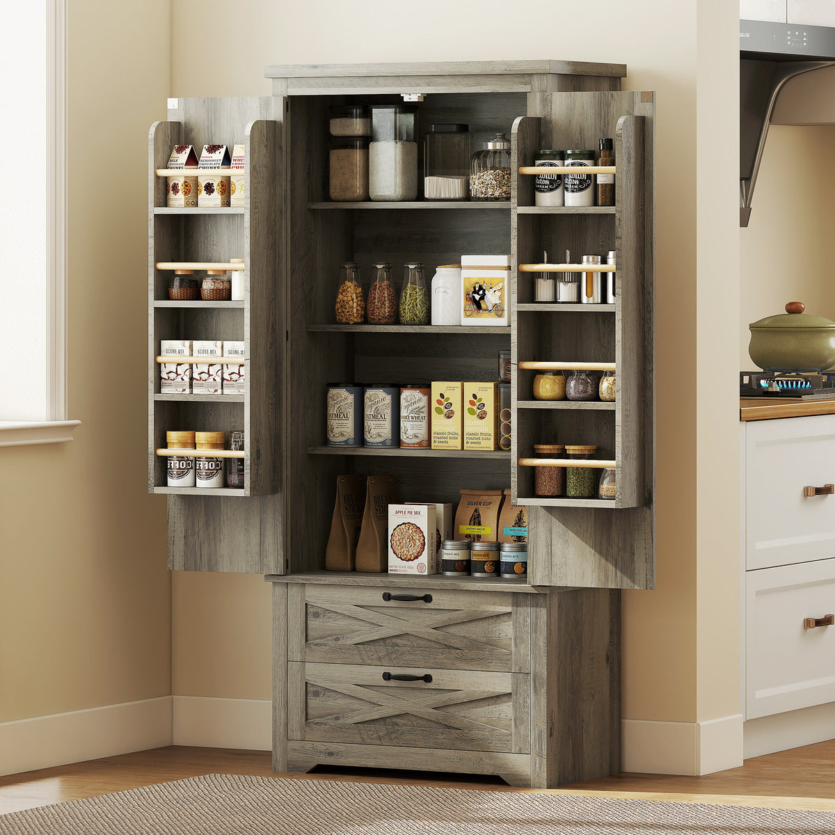 Farmhouse Kitchen Pantry Storage Cabinet, 64" Freestanding Kitchen Pantry Cabinet with Drawers – view 21
