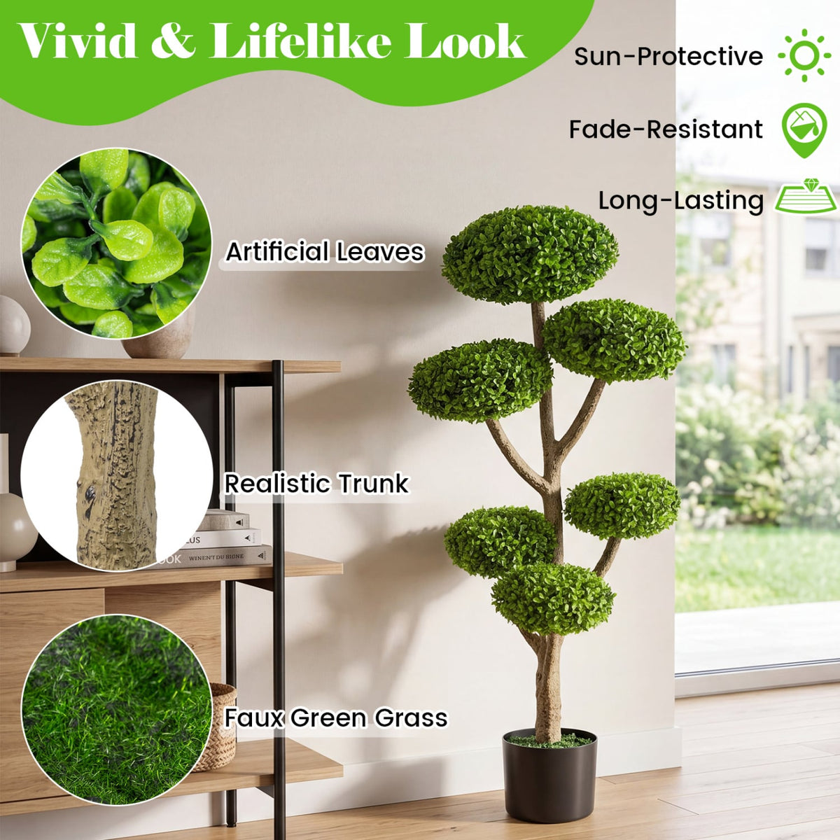 Indoor Outdoor 6 Balls Topiary Tree with Realistic Trunk and Weighted Cement-Filled Base view 7