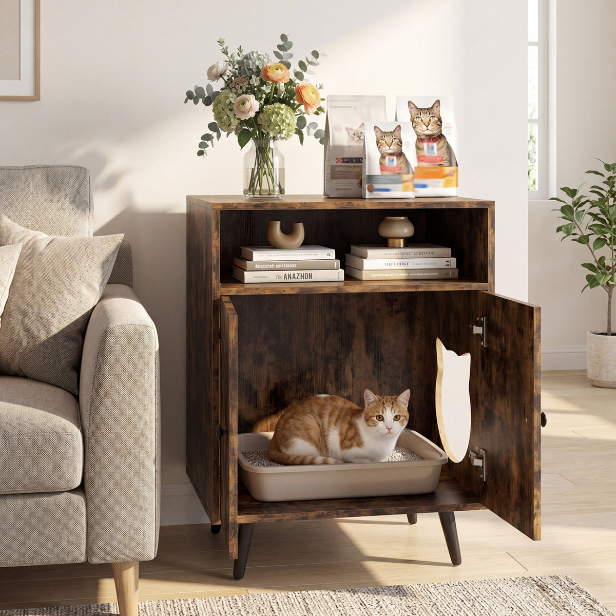 Industrial Cat Litter Box Enclosure with Entry and Open Compartment-Brown view 2