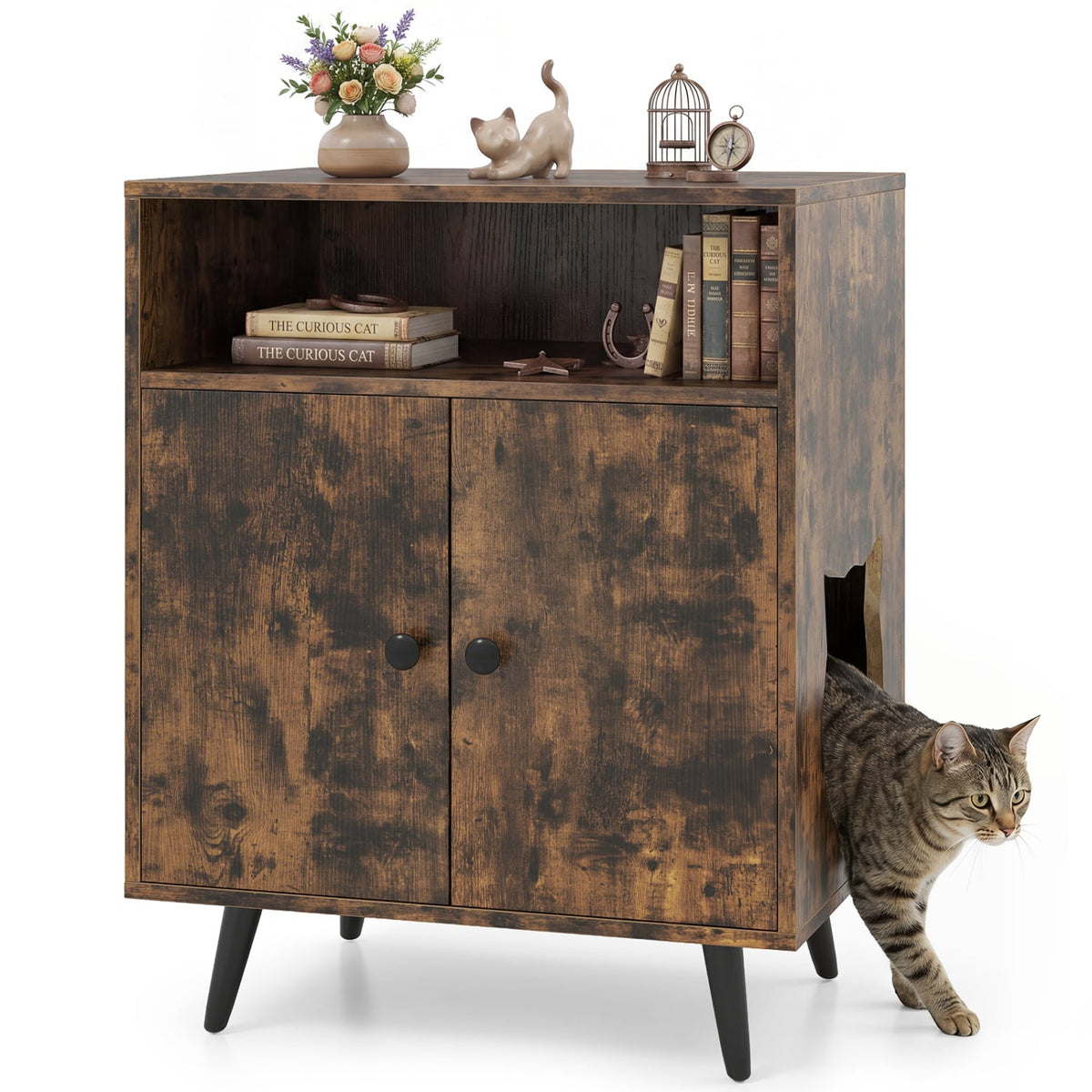 Industrial Cat Litter Box Enclosure with Entry and Open Compartment-Brown