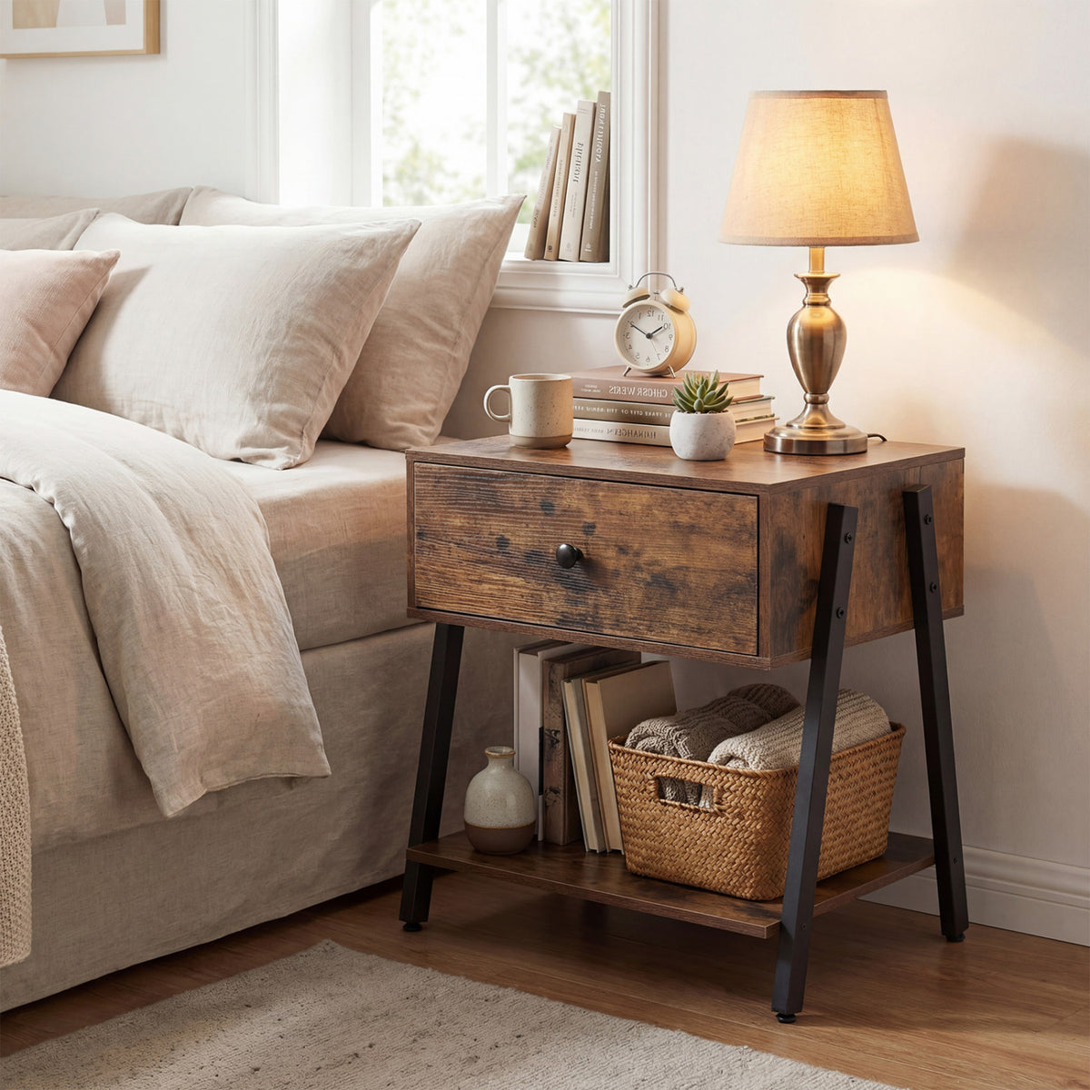 Industrial Nightstand with Drawer and Adjustable Foot Pads for Bedroom-Rustic Brown view 2
