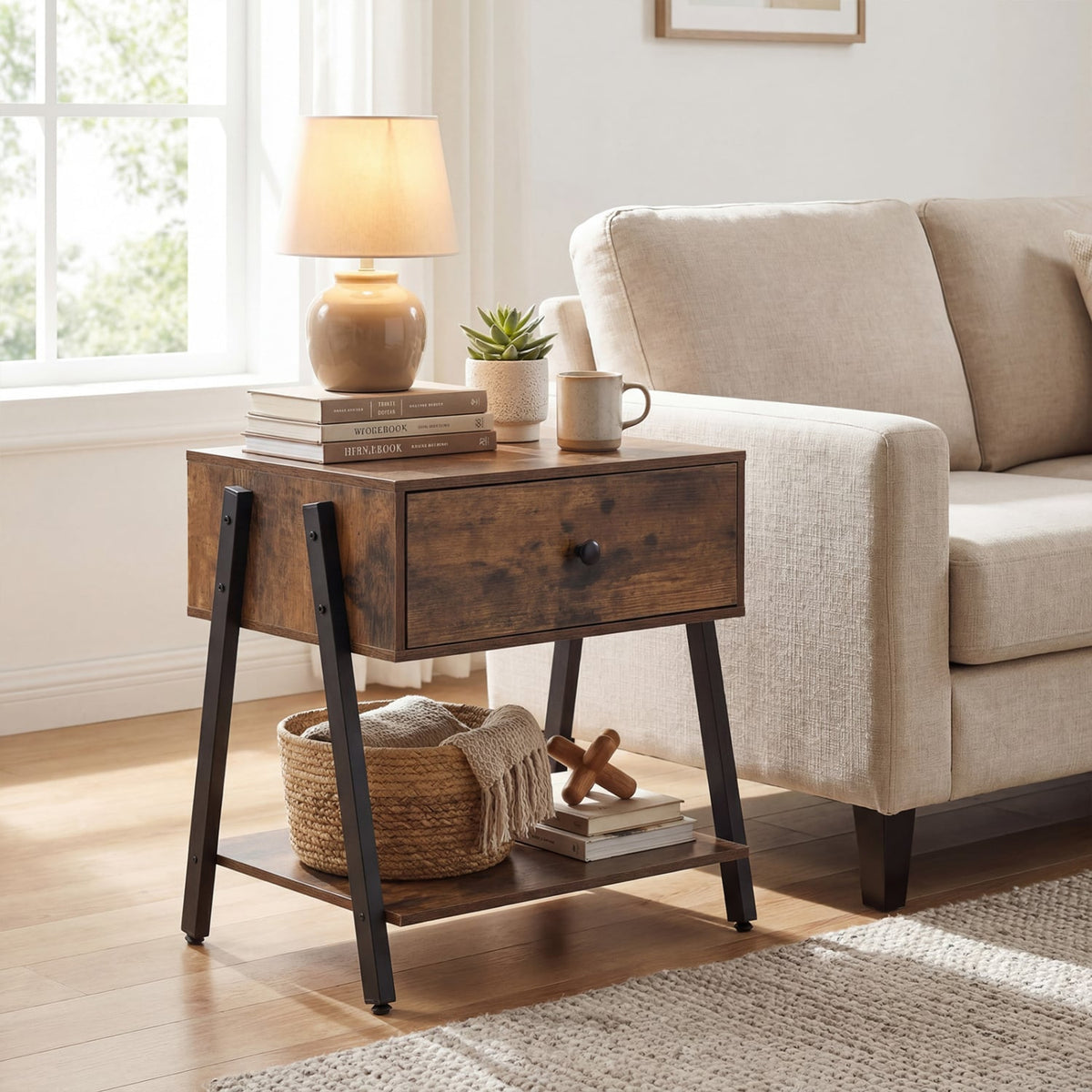 Industrial Nightstand with Drawer and Adjustable Foot Pads for Bedroom-Rustic Brown view 3