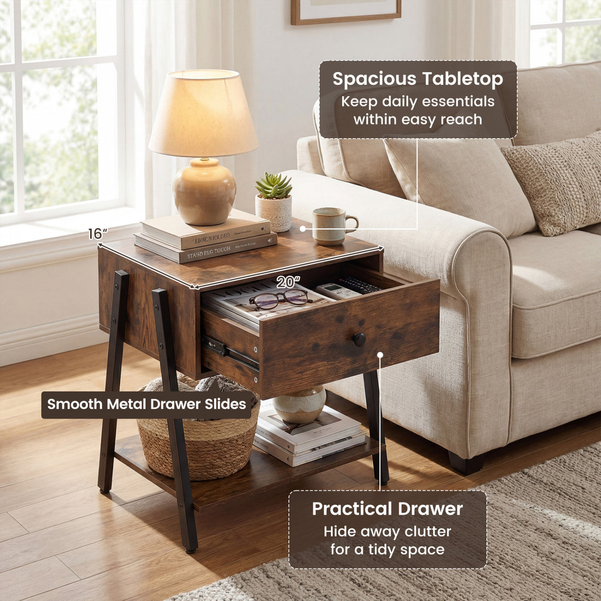 Industrial Nightstand with Drawer and Adjustable Foot Pads for Bedroom-Rustic Brown view 5