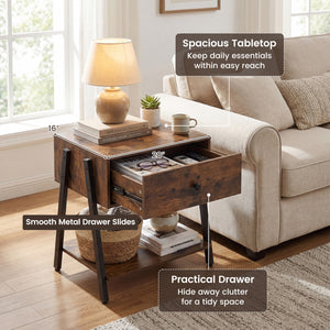 Industrial Nightstand with Drawer and Adjustable Foot Pads for Bedroom-Rustic Brown view 5