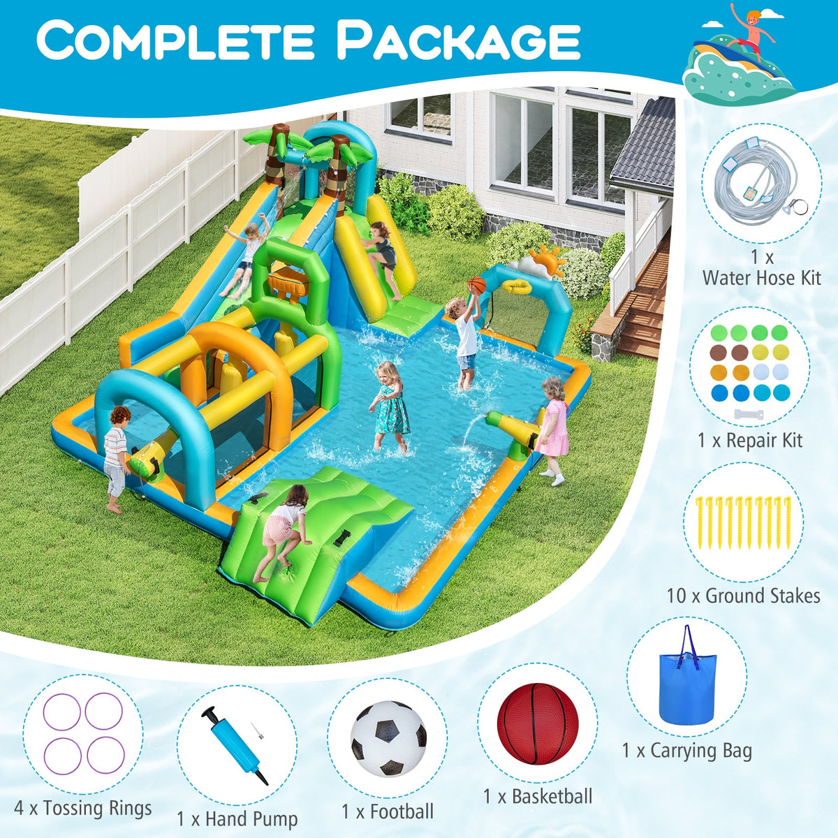Inflatable Water Slide Tropical Theme Dual Slide Aqua Park Blower Excluded view 6