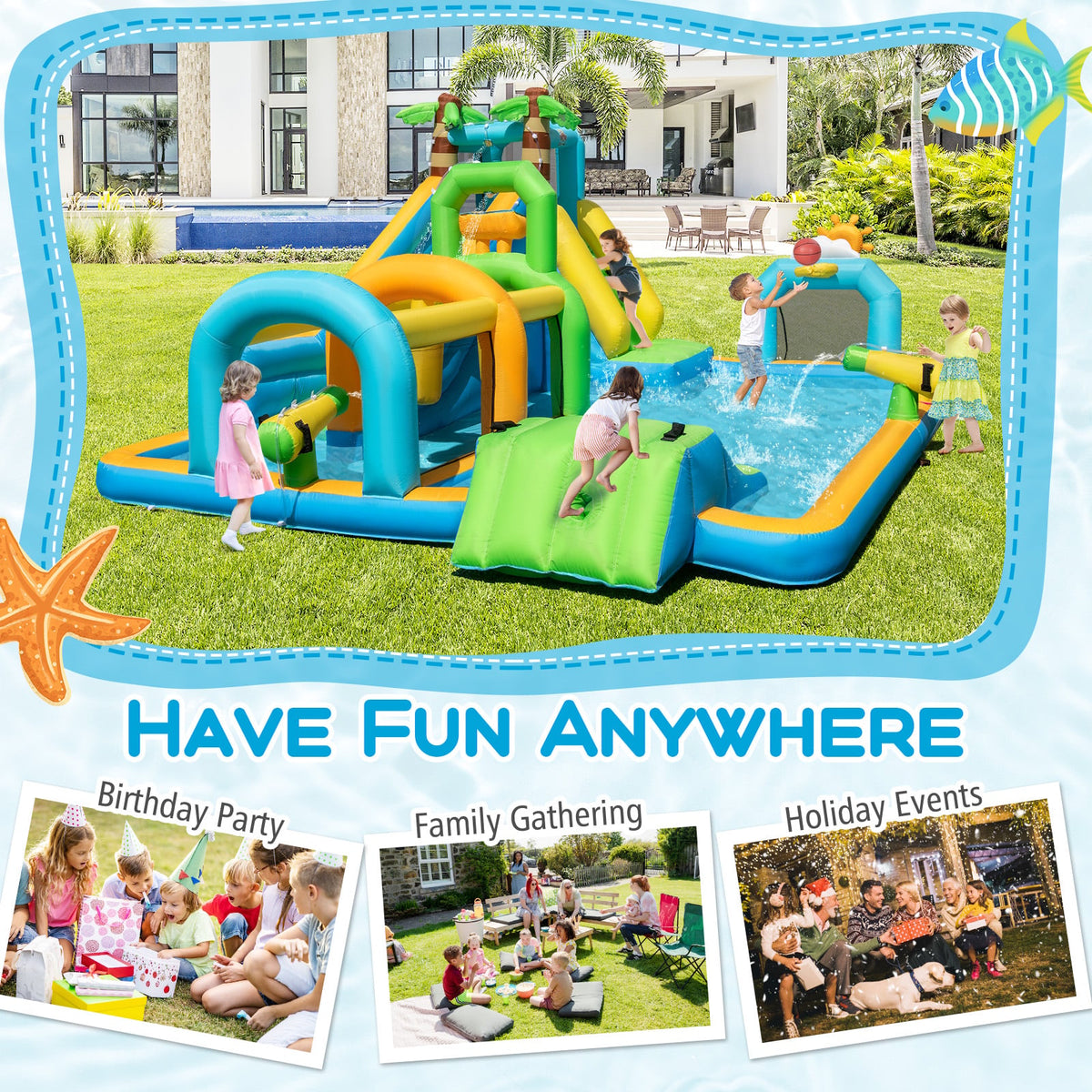Inflatable Water Slide Tropical Theme Dual Slide Aqua Park Blower Excluded view 9