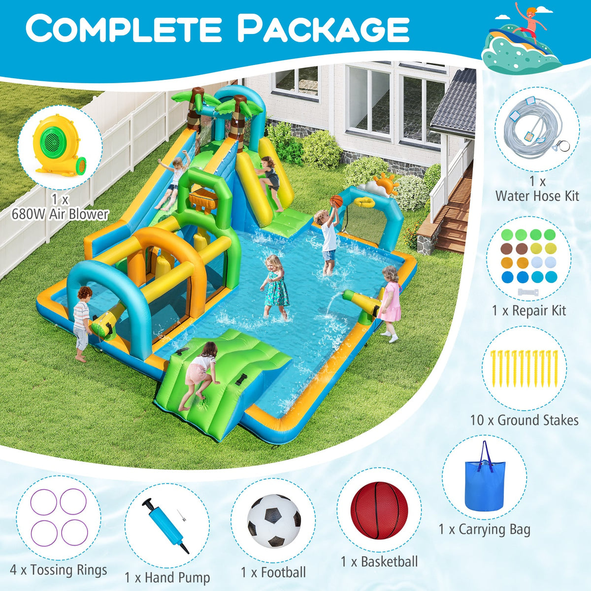 Inflatable Water Slide Tropical Theme Dual Slide Aqua Park with 680W Blower view 7