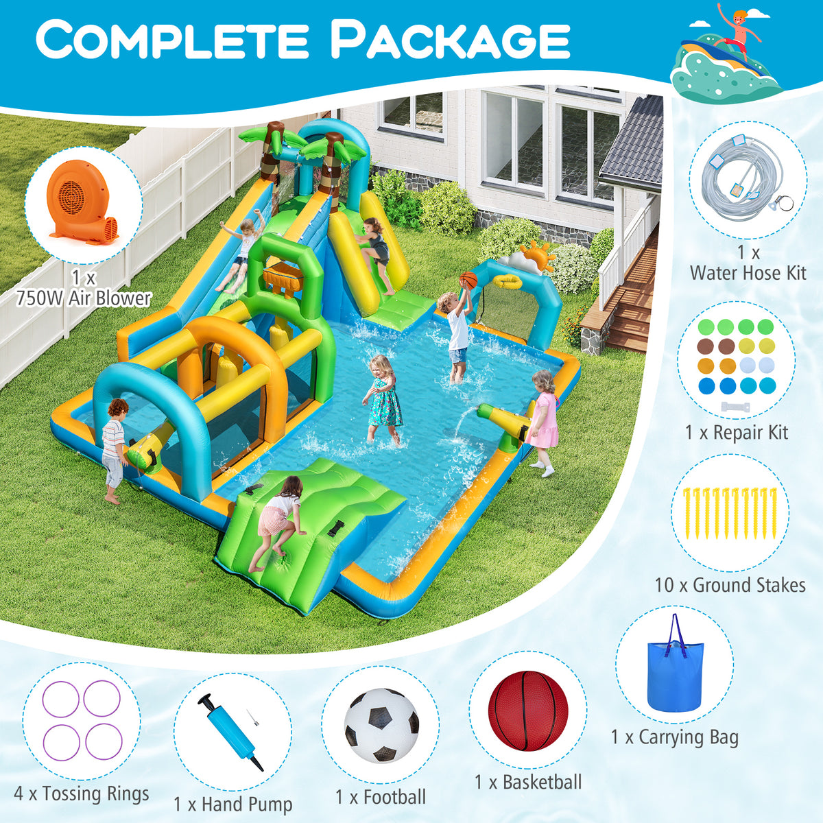 Inflatable Water Slide Tropical Theme Dual Slide Aqua Park with 750W Blower view 7