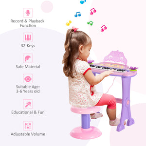 Qaba Kids Piano Electronic Keyboard Instrument with Microphone and Stool 32 Keys Musical Toy Organ Educational Gift for Children Pink