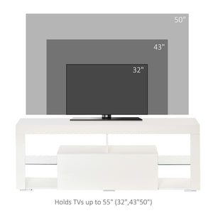 TV Stand for 55-Inch TVs, High Gloss TV Bench with LED Lights, Remote Control, Storage Drawer and Shelves, Entertainment Unit for Living Room, Bedroom, White