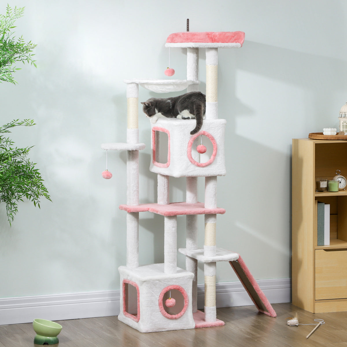 65 Inch Cat Tree with 2 Doors Condos, Plush Top Perch, Hammock, Sisal Scratching Posts, 4 Pompoms, Ramp – view 14